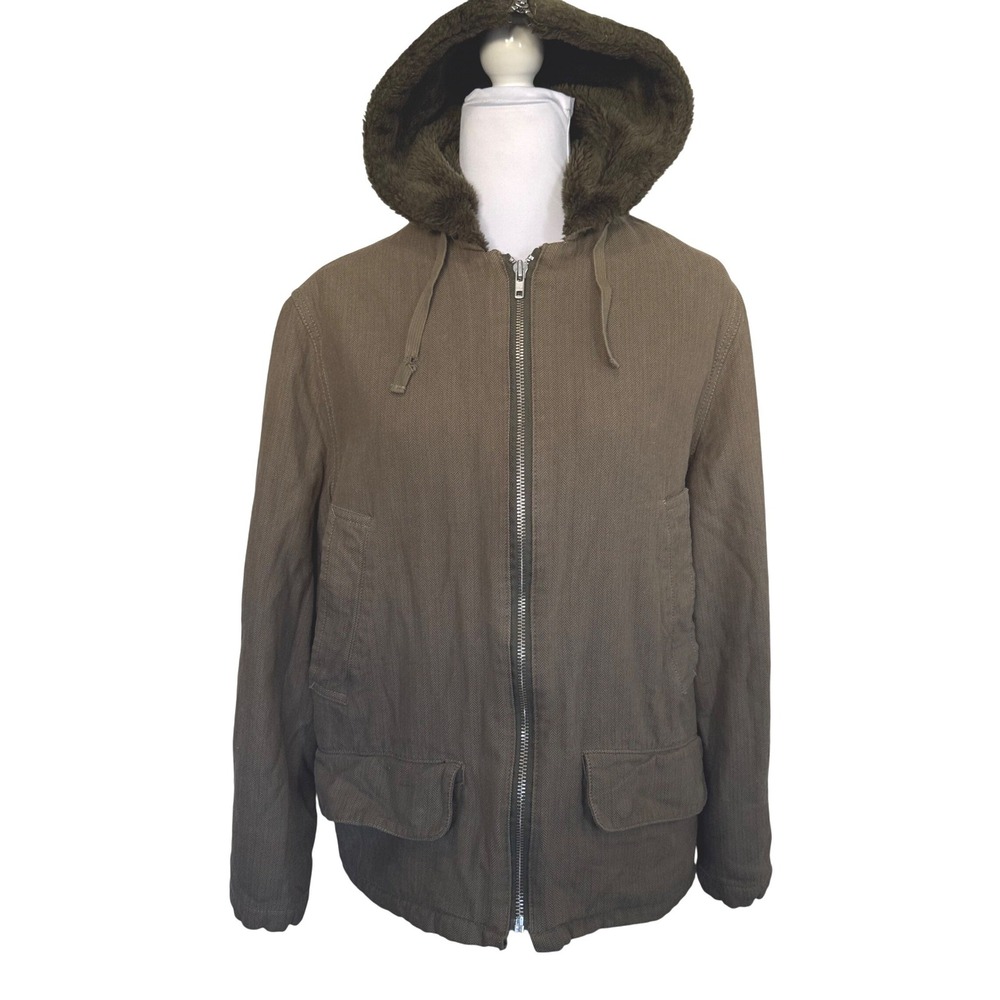 Planet Earth Women's Olive Green Herringbone Faux Fur Lined‎ Hooded Jacket Small